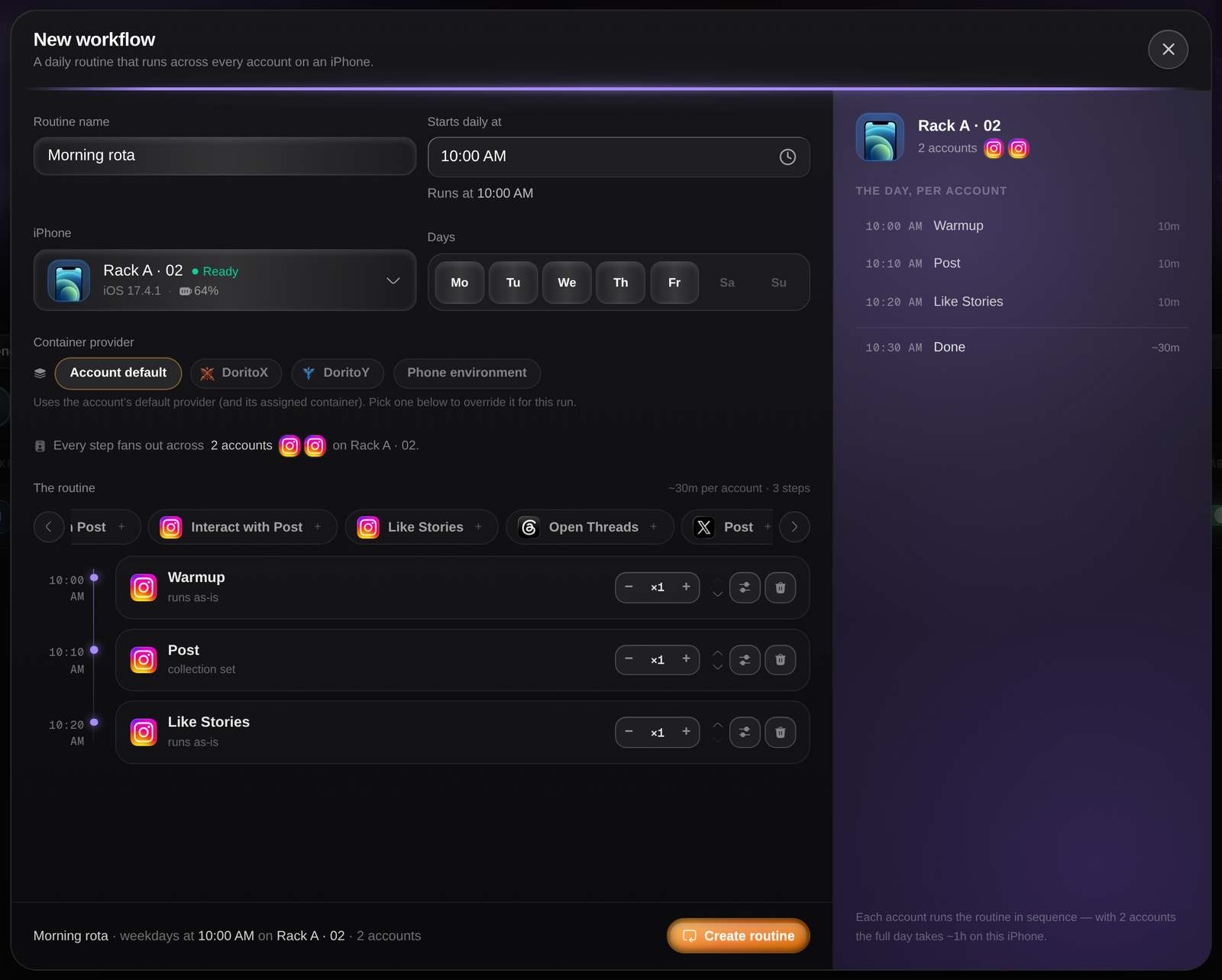 The workflow builder in the AutoGrowth dashboard, with a routine name, a daily start time, the phone, the days and an ordered list of automation steps